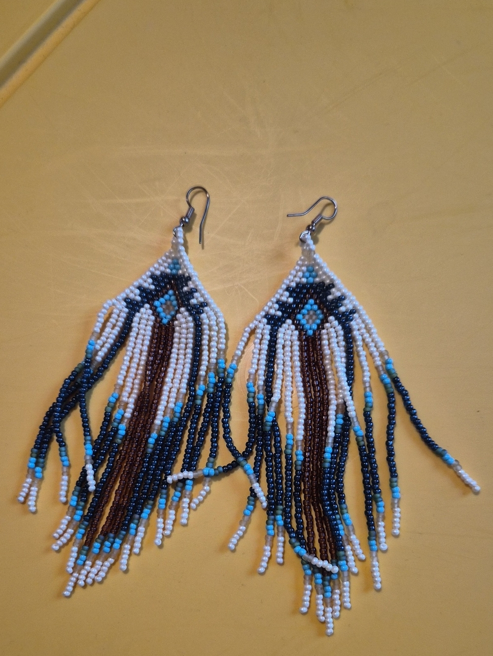 Handmade Beaded Fringe Earrings in cream, Turquoise & navy brown